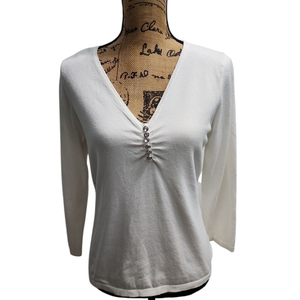 Michael Michael Kors White V-Neck Button Detail Long Sleeve Top Casual XL